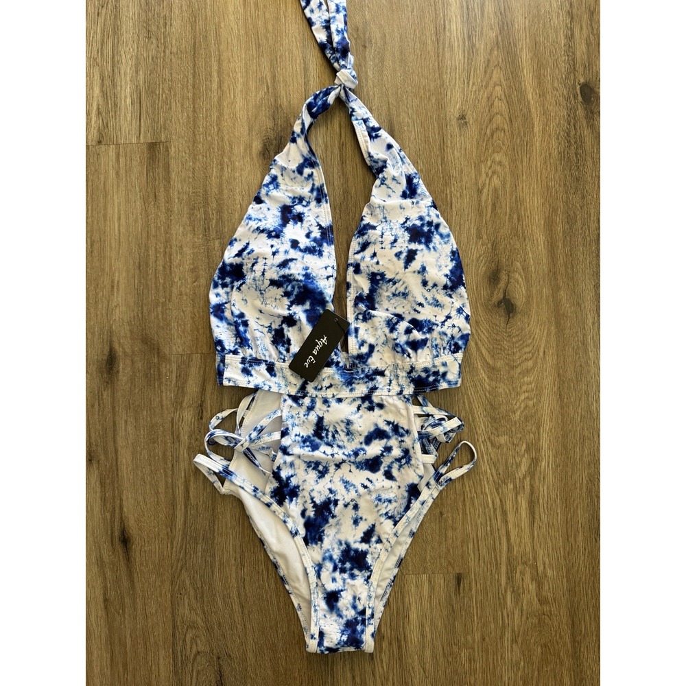 Aqua‎ Eve Women Sexy One Piece Swimsuits Halter Plunge V Neck Cutout Sz S